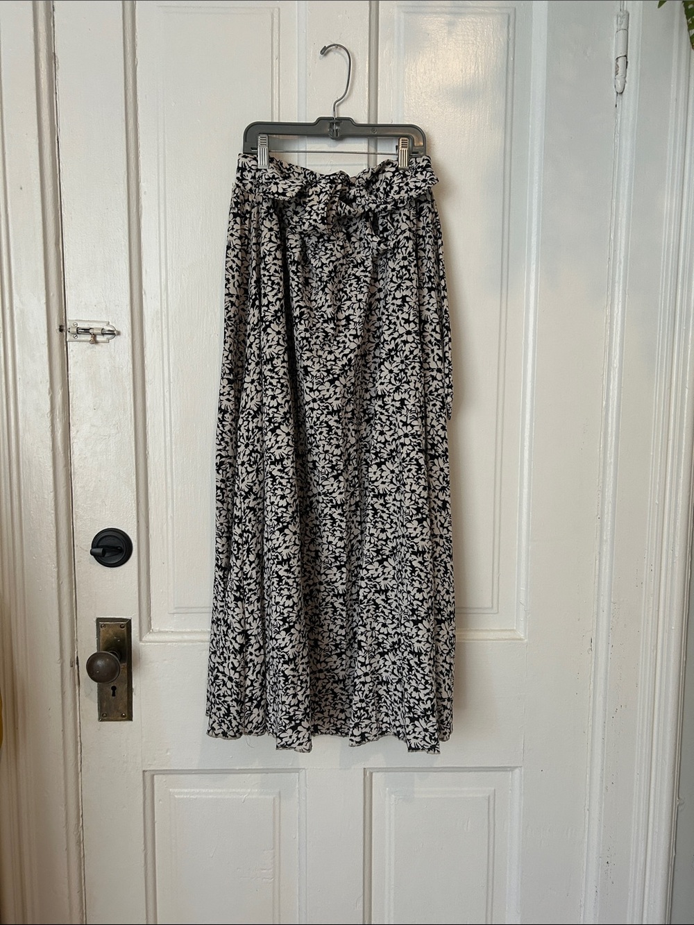 Black & White Floral Tiered Maxi Skirt with Tie Waist